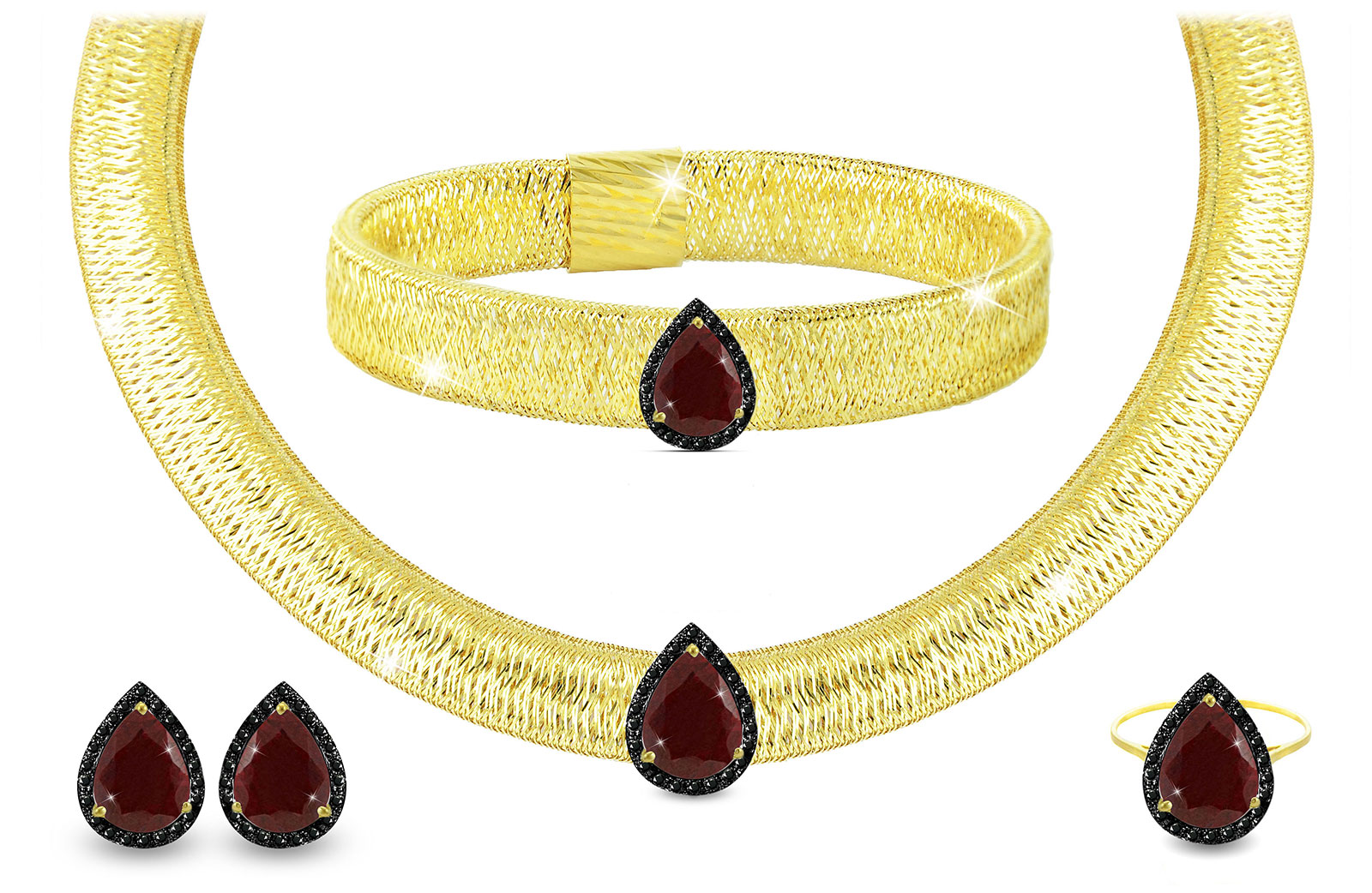 Vera Perla 18K Gold 0.60ct Black Diamonds, Ruby Jewelry Set - 4 pcs.